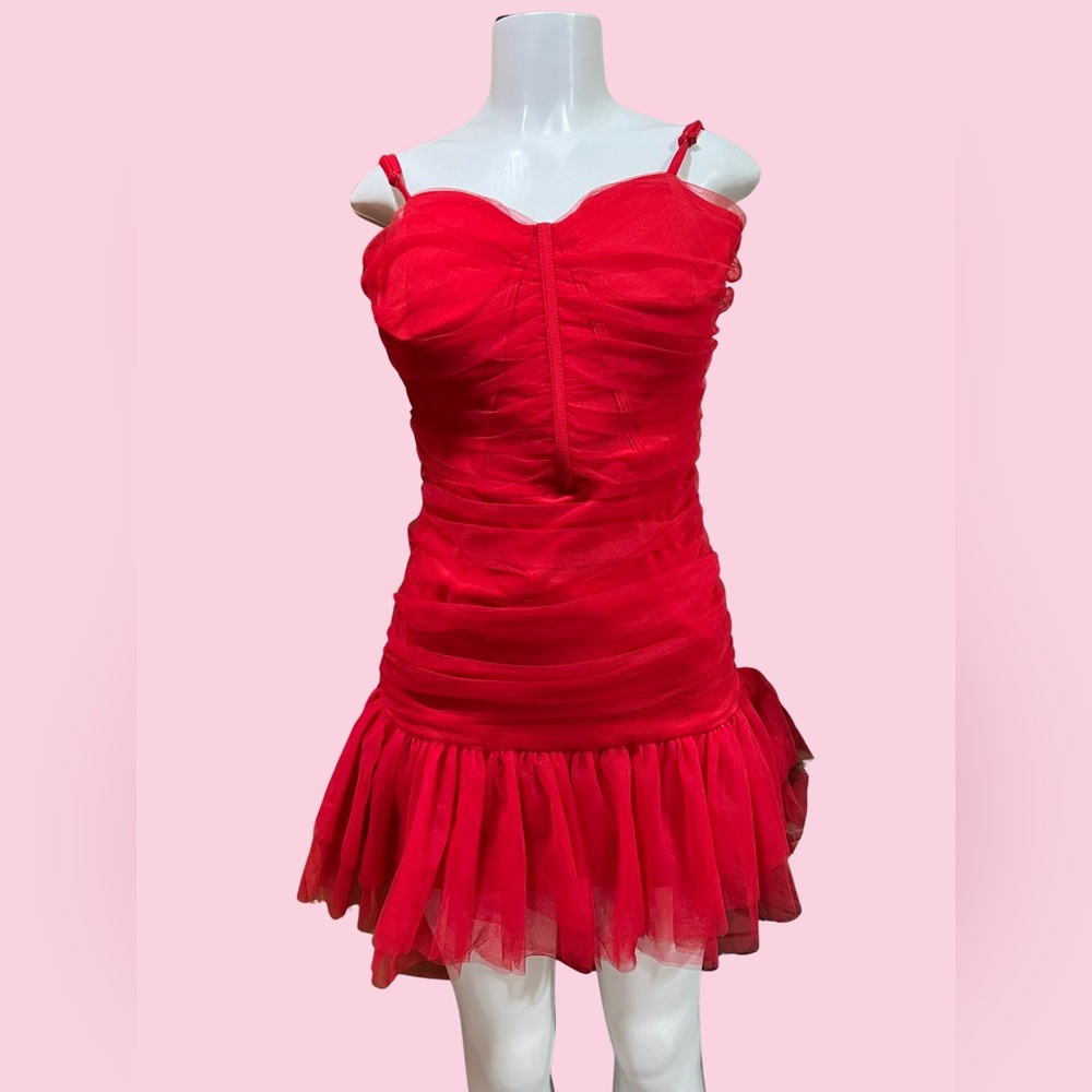 NEW Red Ruched Tulle Mini Dress | Flirty Party Dress | Size 11